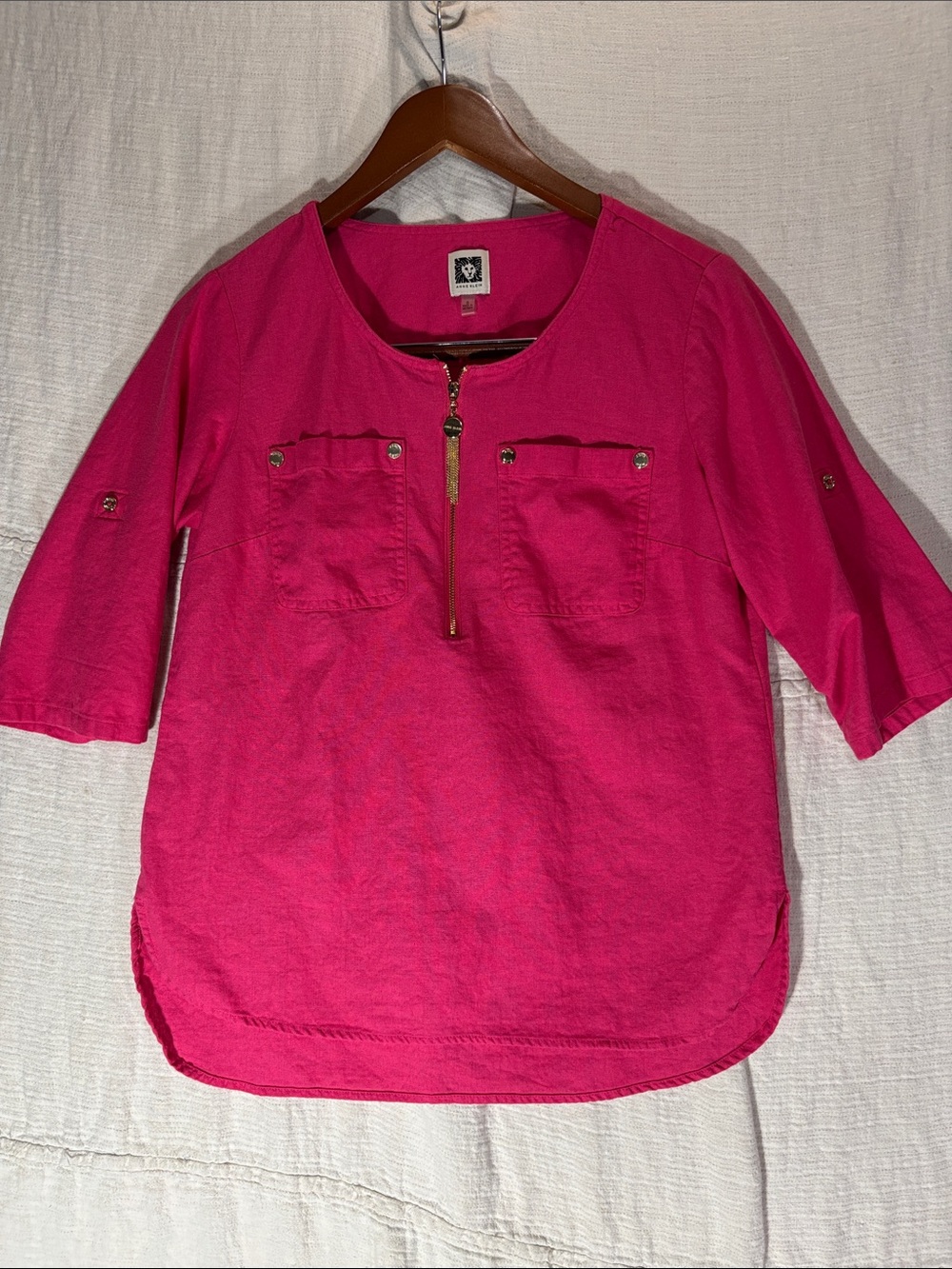 Anne Klein Fuchsia Hot Pink Linen Blend Quarter Zip Blouse Tunic Small Like New - Picture 1 of 9
